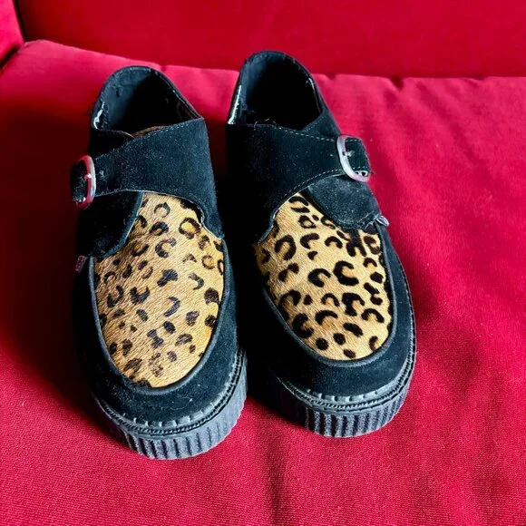 T.U.K. Black and Leopard Monk Buckle Round Toe Creeper - Picture 2 of 3